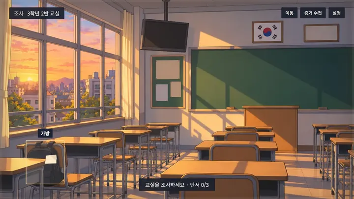 조사 화면. 노을 진 3학년 2반 교실에서 가방을 살펴본다.